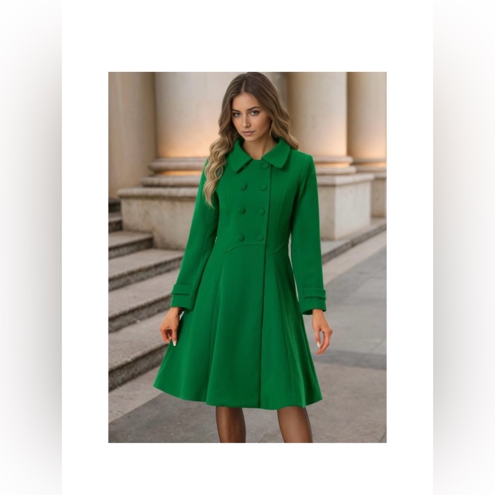 Allegra K Women's Green Double-Breasted Coat - Picture 2 of 7